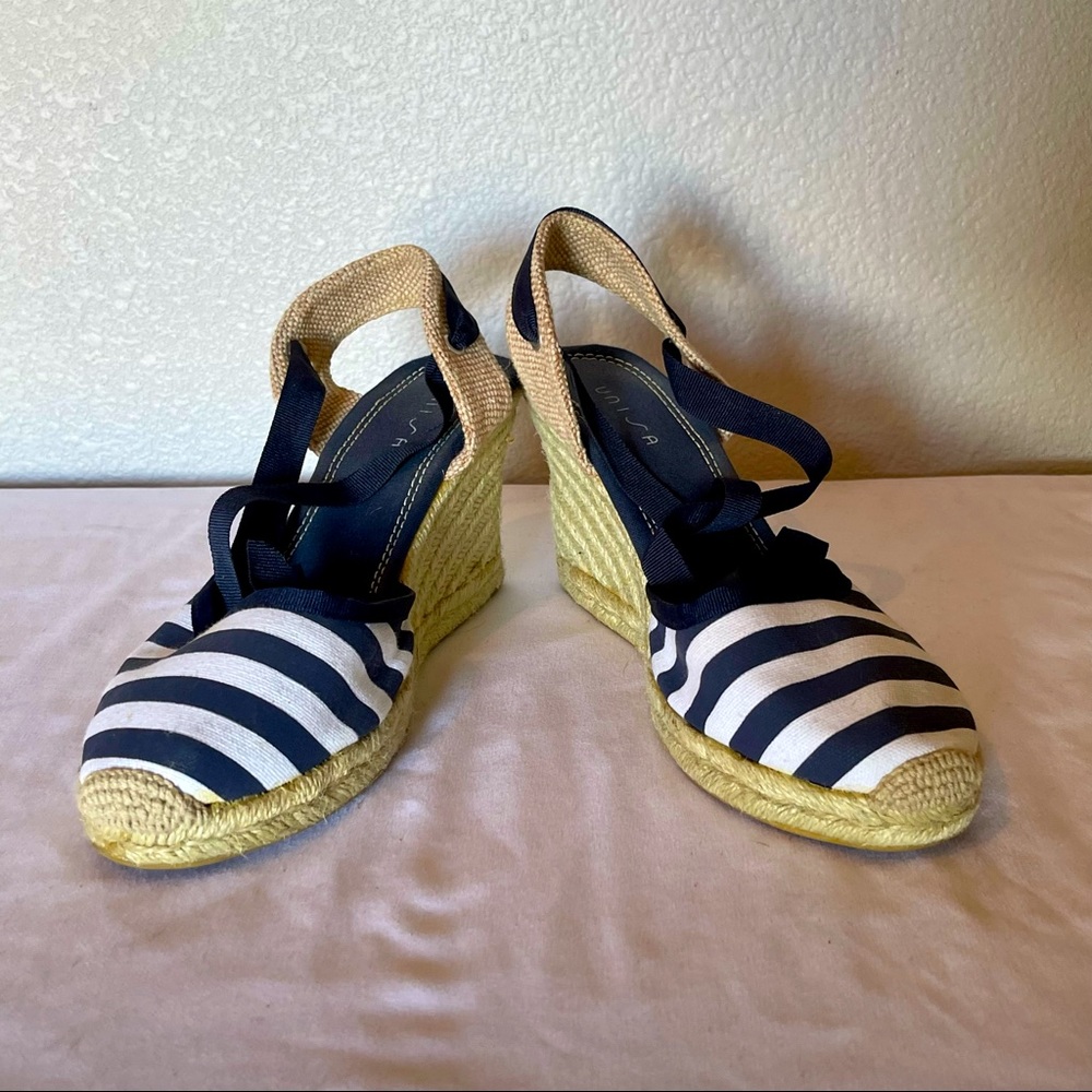 Navy Blue and White Canvas Espadrille Style Wedge Sandals by Unisa